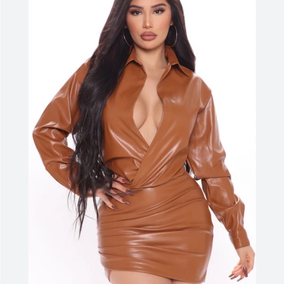 Fashion Nova Tan Here I Come PU Leather Mini Dress - Camel size medium - Picture 1 of 8